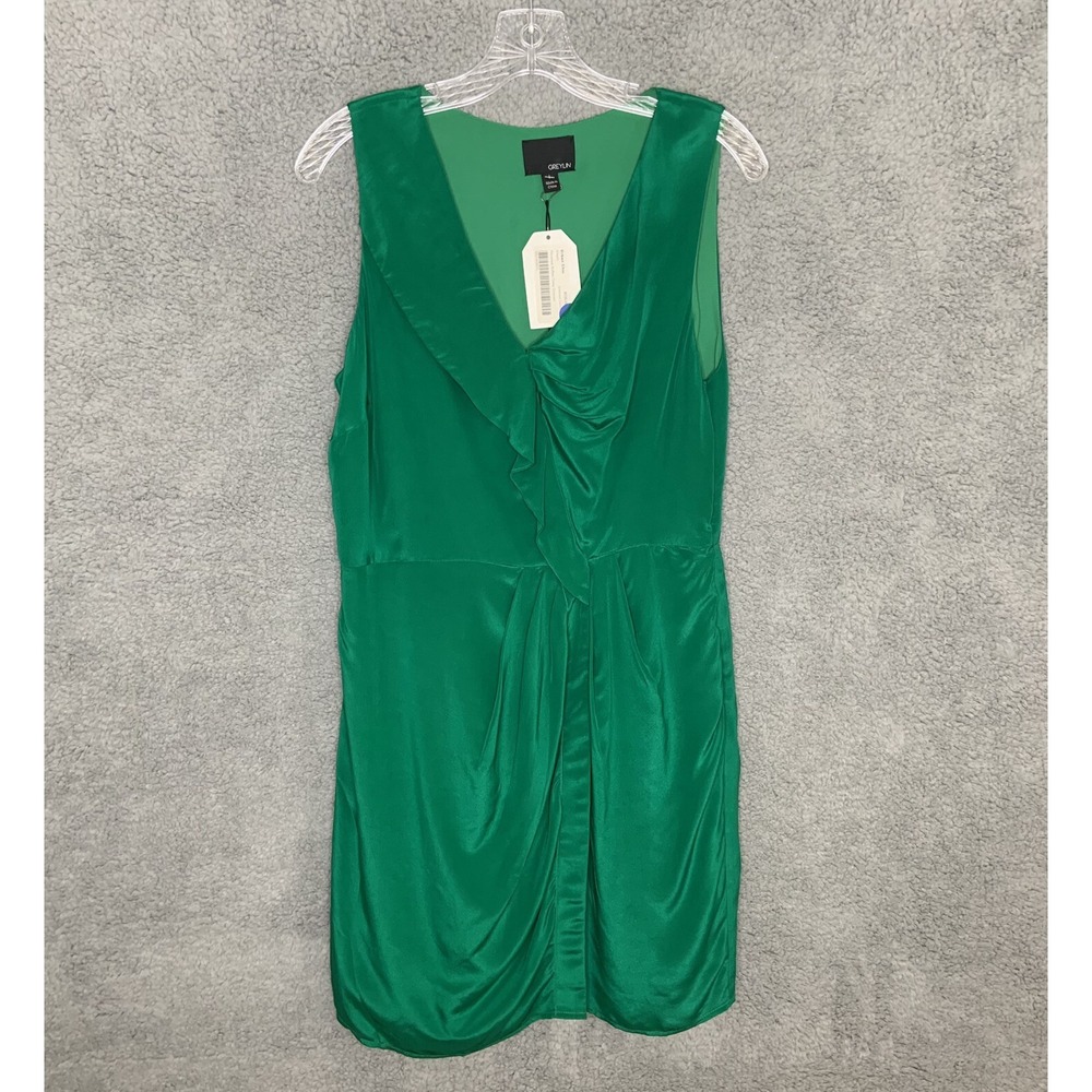 Greylin Dress Womens Large Emerald Green Silk Ruffle Sleeveless Cocktail Party